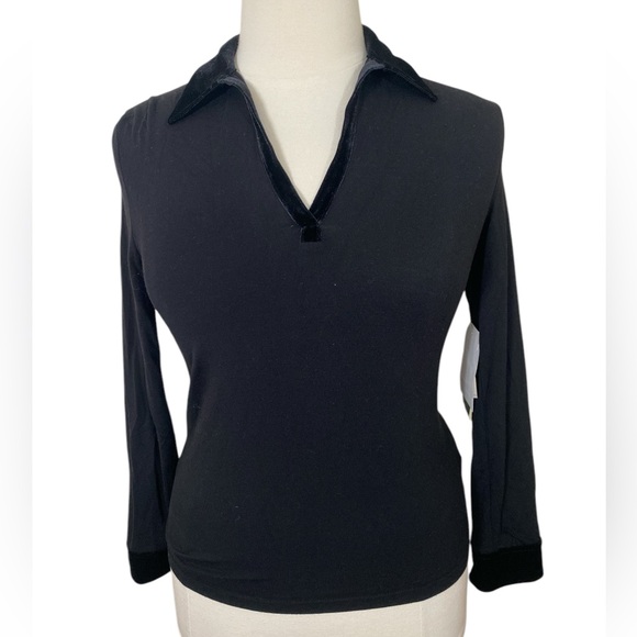 Vtg 90s Preppy black stretch knit velvet collar long sleeve Polo Top - Picture 1 of 8